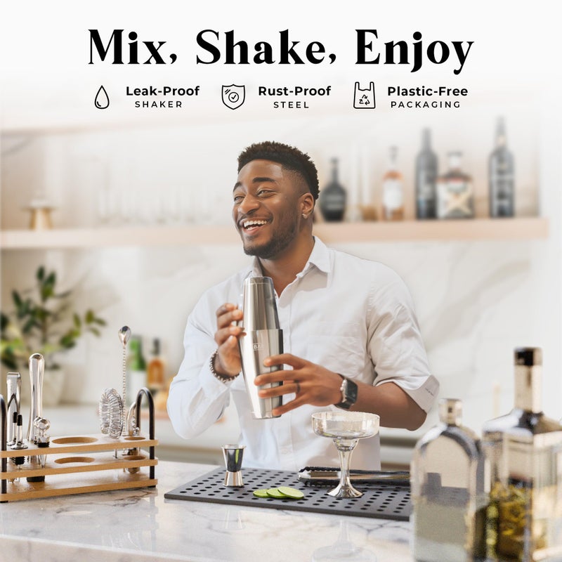 BARE BARREL Mixology Bartender Kit Bar Set | 14-Piece Cocktail Shaker Set | Martini Barware Mixing Tools for Home Bartending | 35 Recipe Cards | Gift Set (28oz Boston Shaker  Silver/Natural) - Image 3
